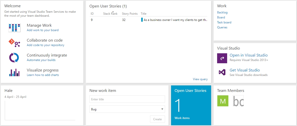 Screen capture of teamspace showing widgets and update information on the progress of the software project